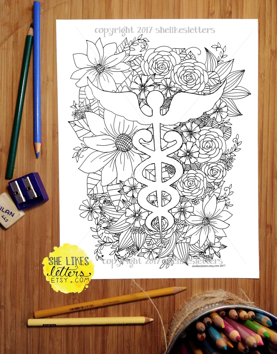 Nurse Coloring Page Medical Floral Decor Adult Digital Download Printable Color Grown Up RN Symbol Gift Physician Doctor Appreciation ER Etsy