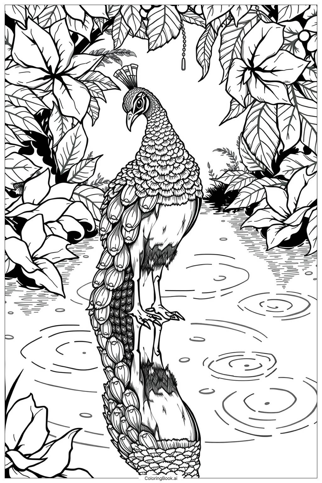 Peacock And Its Reflection In Water Coloring Page Free PDFu0026PNG Printable 