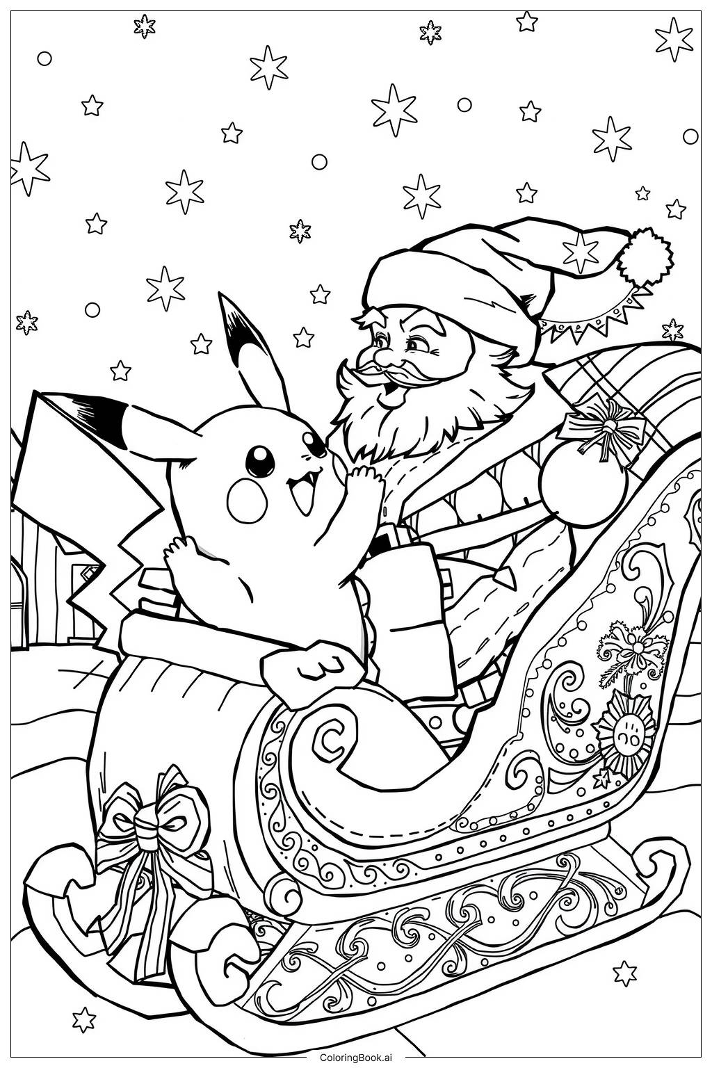 Pikachu Celebrating Christmas Party 2 Coloring Page Free PDF PNG Printable 