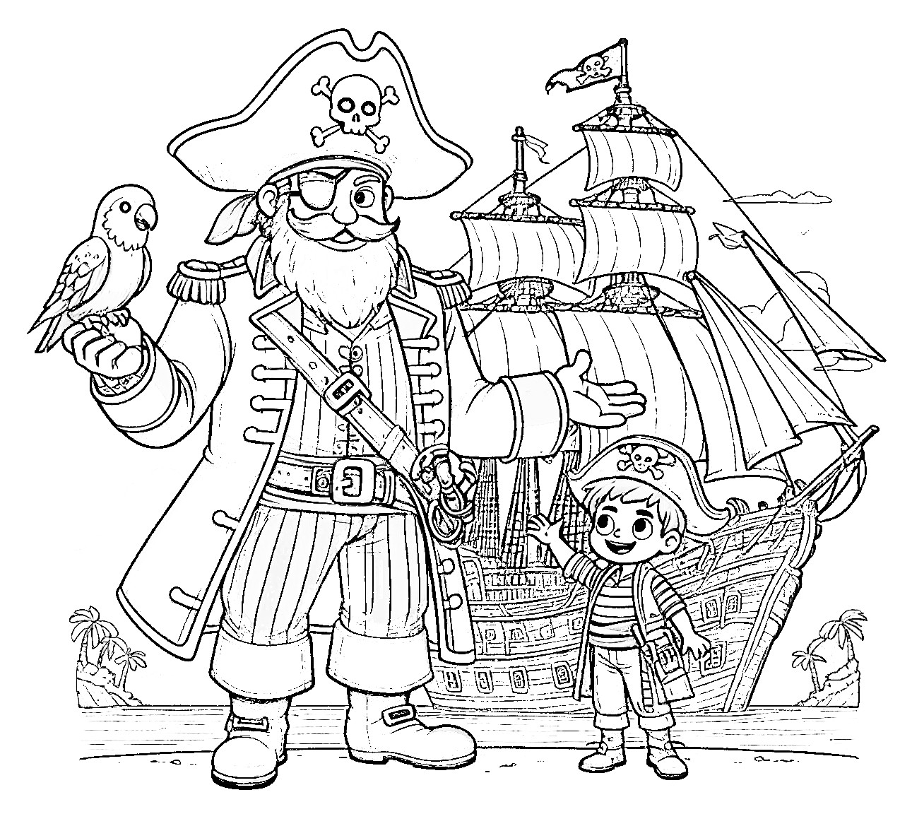 Pirate With Ship Boy And Parrot Coloring Page