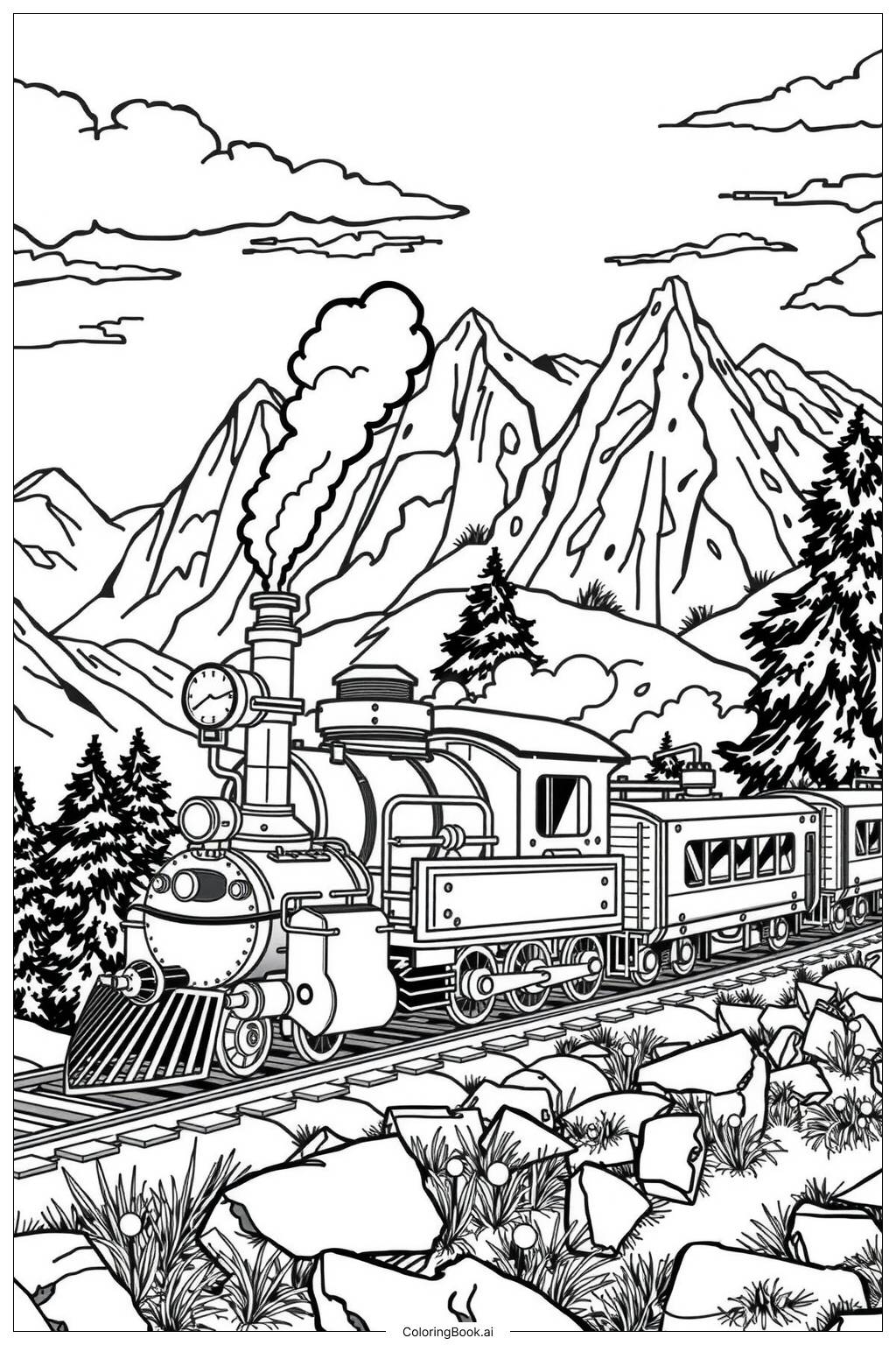 Realistic Steam Train In A Mountain Landscape 2 Coloring Page Free PDF PNG Printable Realistic Steam Train In A Mountain Landscape 2 Coloring Page Free PDF PNG Printable