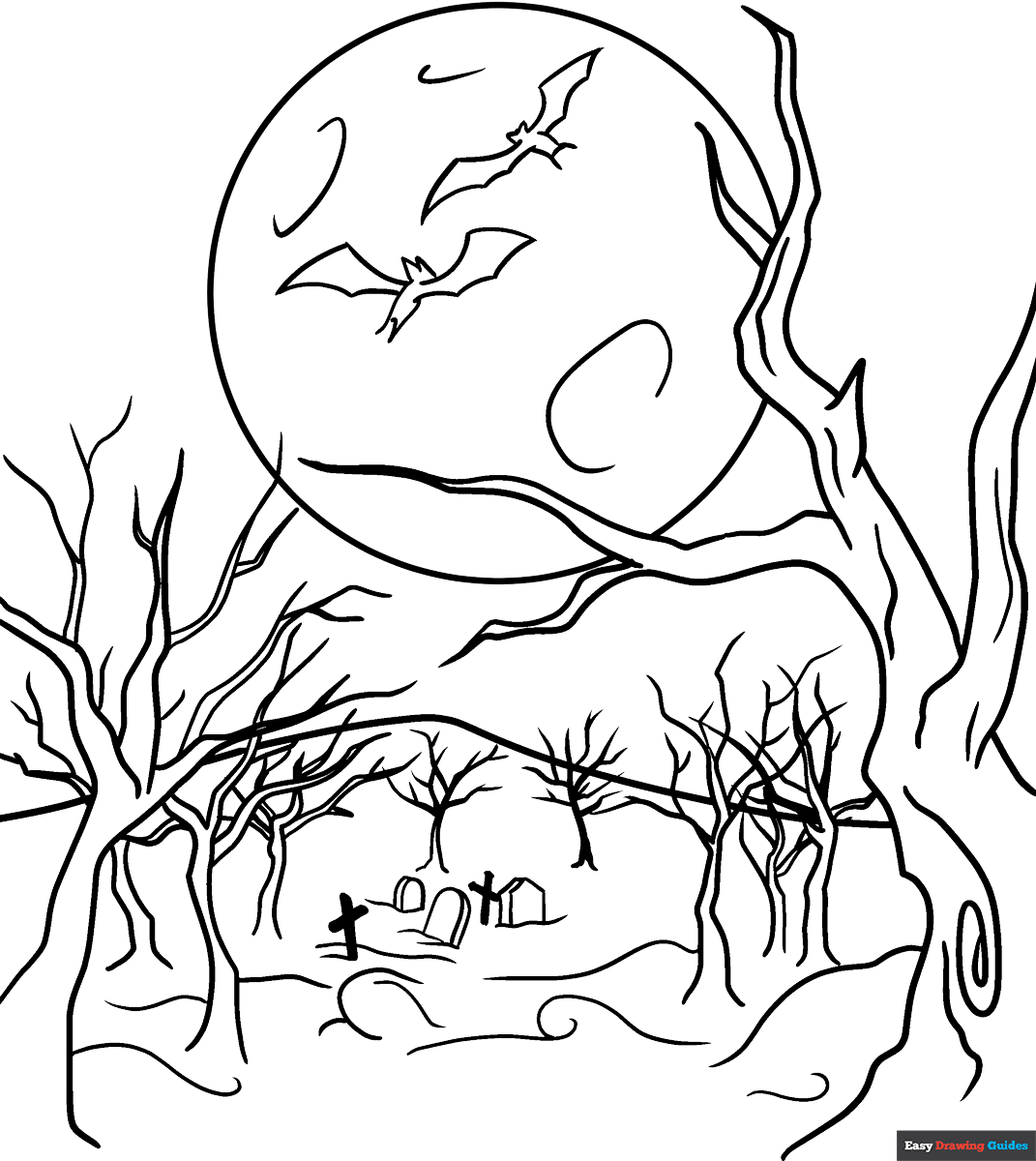 Spooky Forest Coloring Page Easy Drawing Guides