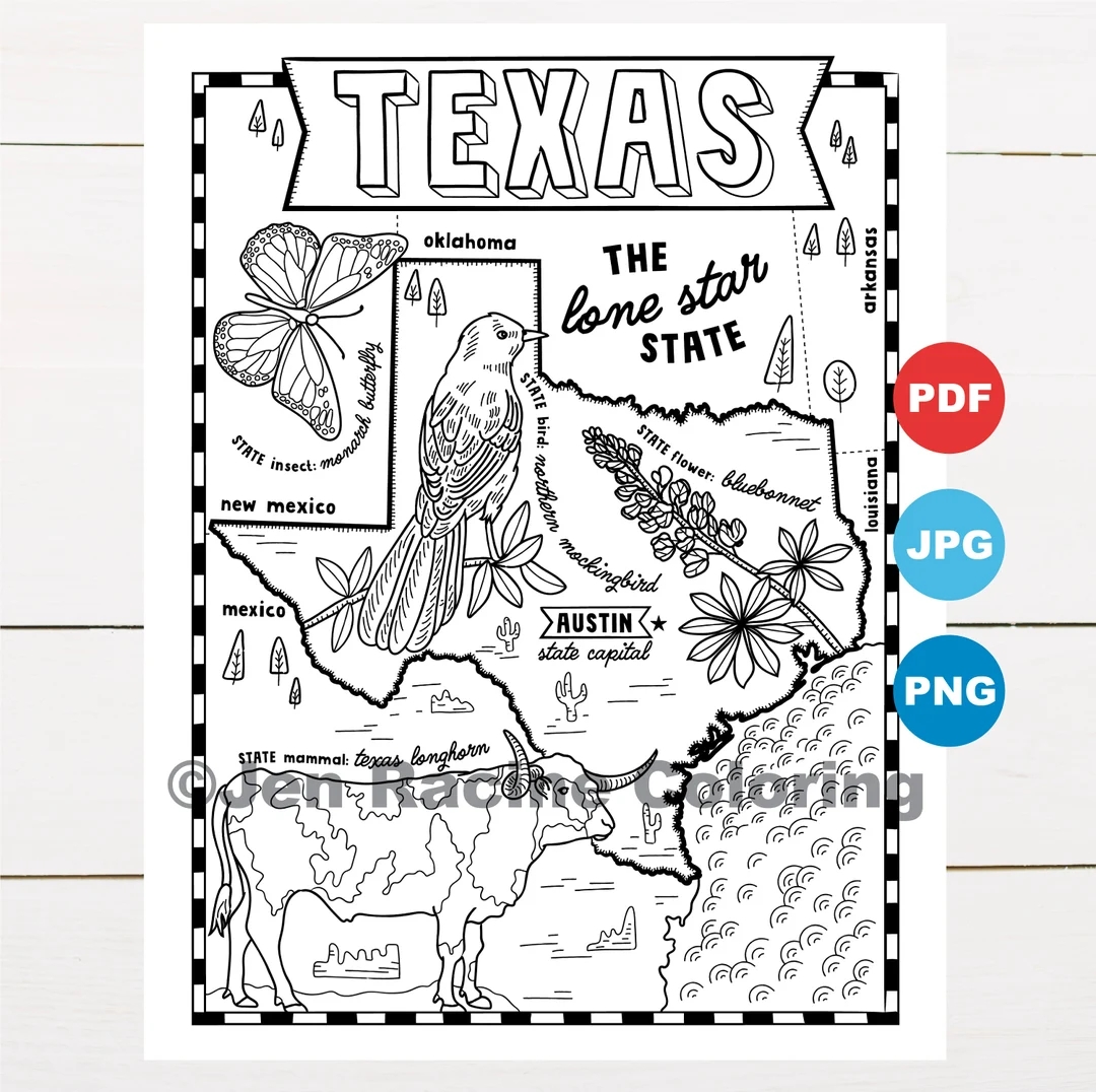 Texas Coloring Page United States State Map Wildlife State Symbols Flowers Coloring Pages Etsy Texas Coloring Page United States State Map Wildlife State Symbols Flowers Coloring Pages Etsy