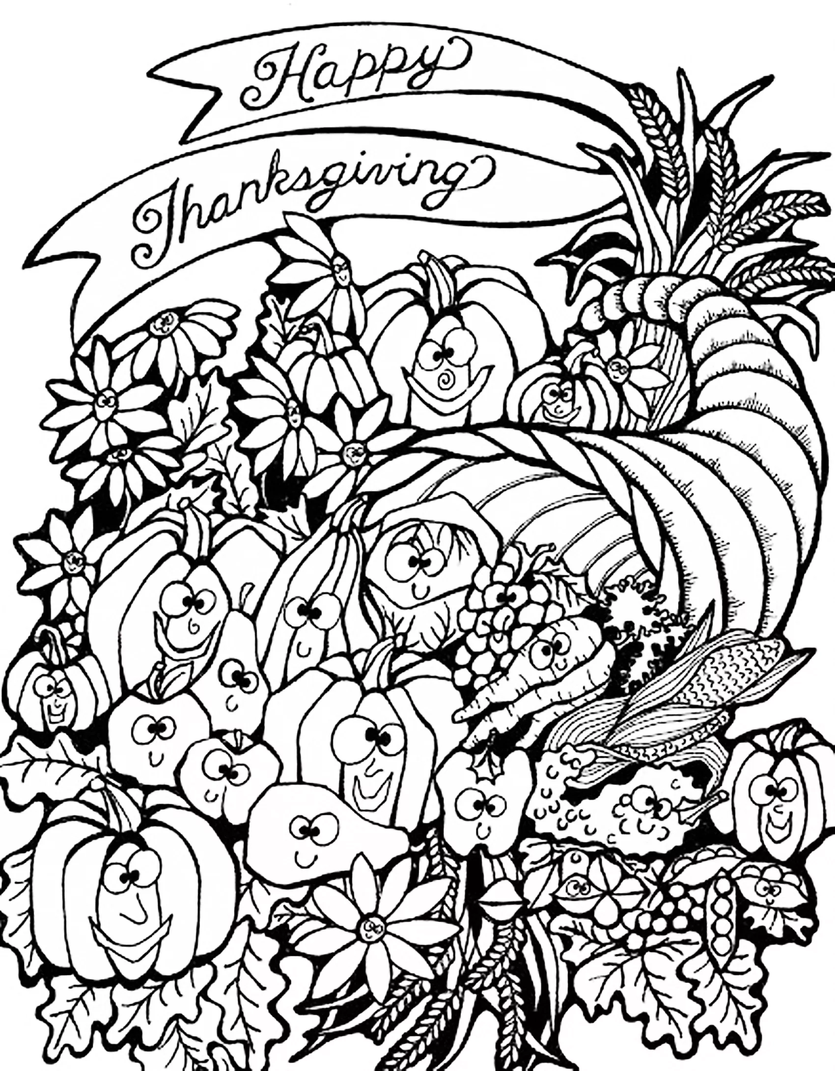 Thanksgiving Harvest Cornucopia Thanksgiving Coloring Pages For Adults Page Coloring vintage 