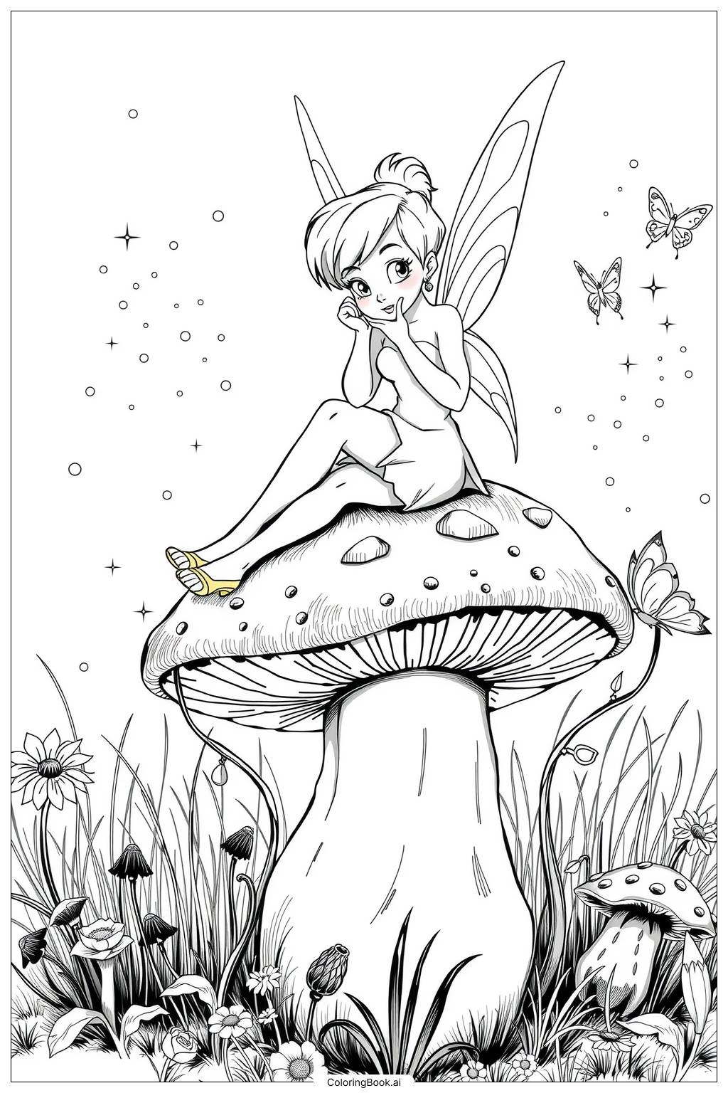 Tinkerbell Resting On A Mushroom 2 Coloring Page Free PDFu0026PNG Printable Tinkerbell Resting On A Mushroom 2 Coloring Page Free PDFu0026PNG Printable