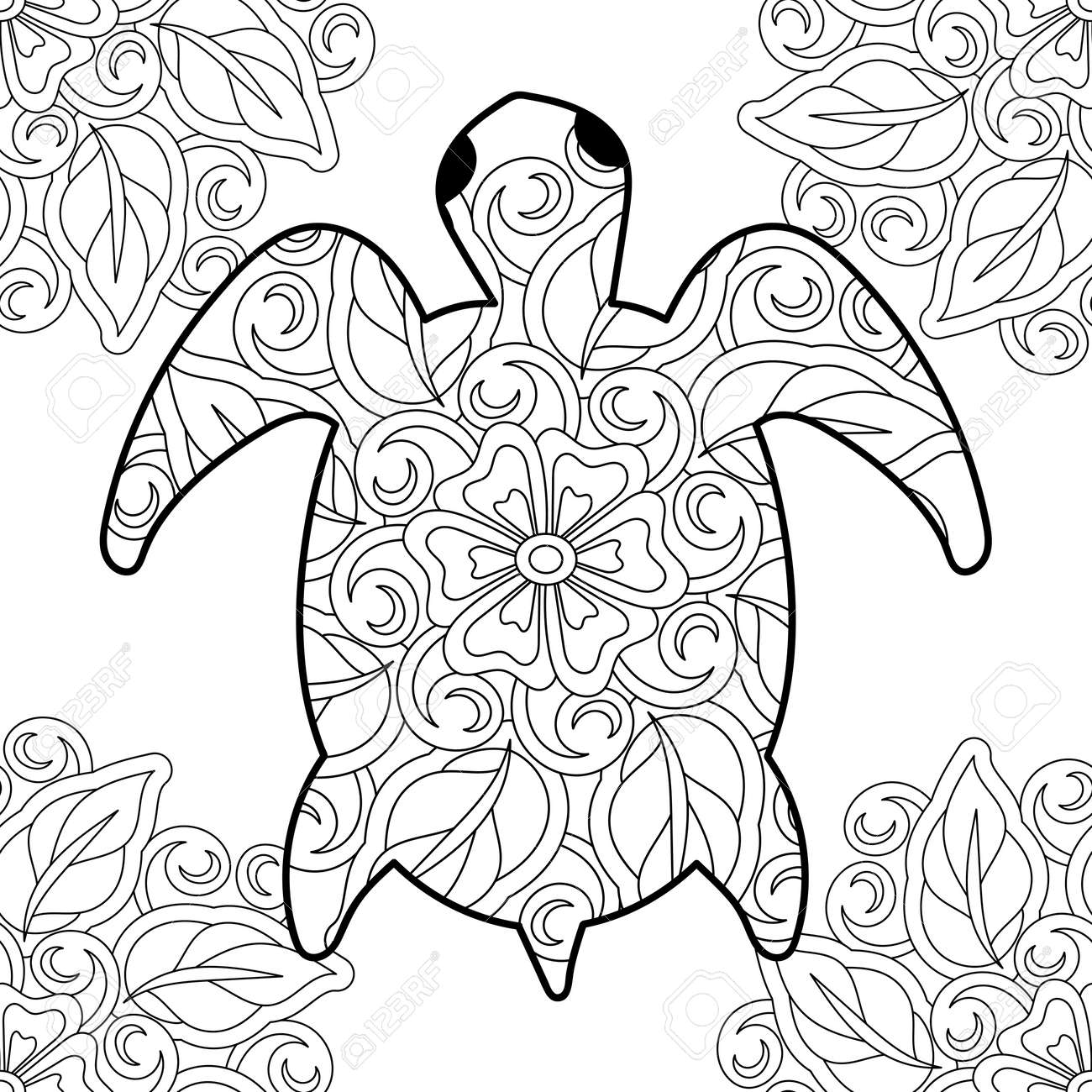 Turtle Coloring Page For Adult Underwater Animal Coloring Book Hand Drawn Vector Illustration Royalty Free SVG Cliparts Vectors And Stock Illustration Image 186777579 