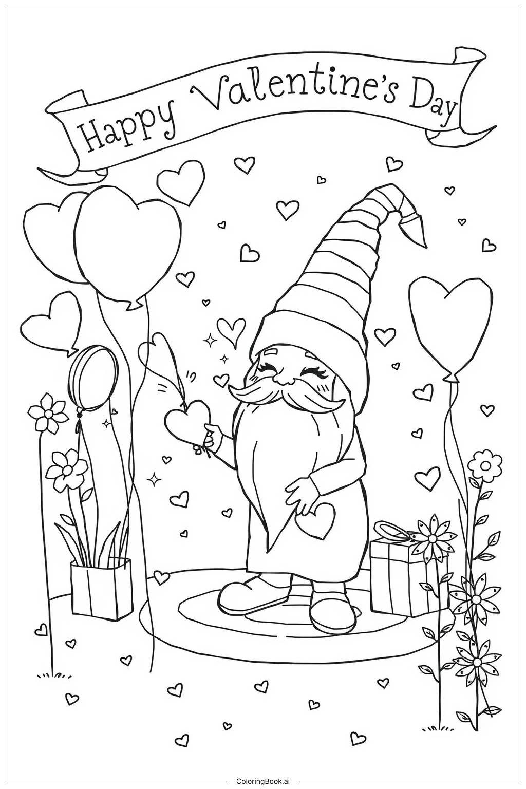 Valentine Gnome Holding Happy Valentine s Day Coloring Page Free PDF PNG Printable 