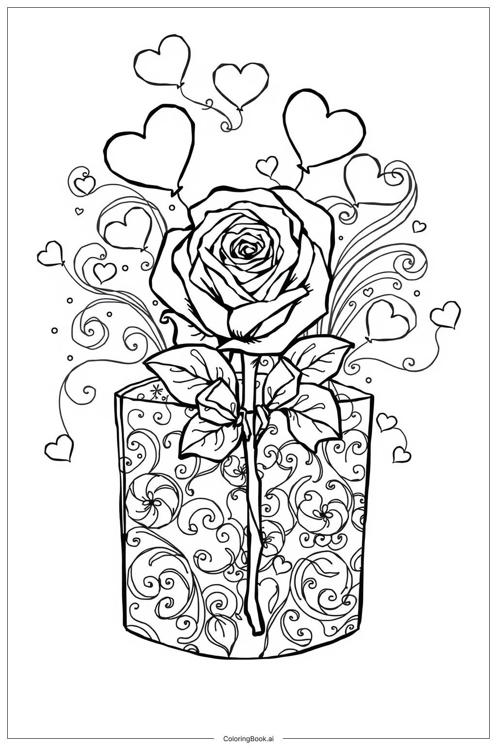 Valentine Rose Gift 2 Coloring Page Free PDFu0026PNG Printable Valentine Rose Gift 2 Coloring Page Free PDFu0026PNG Printable