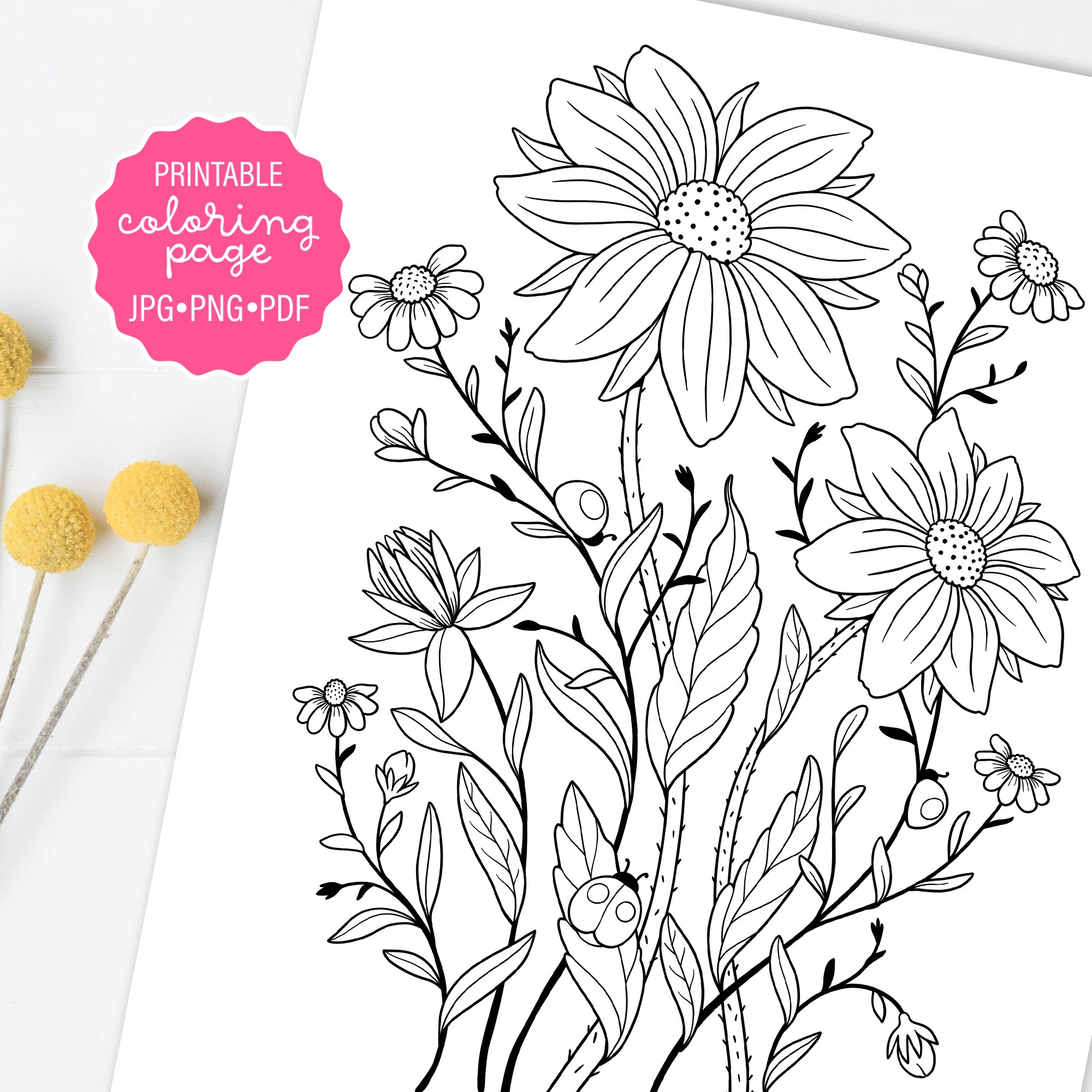 Wildflowers Coloring Page Flowers And Ladybugs Botanical Coloring Sheet Meadow Floral Adult Coloring Printable Or Digital Etsy